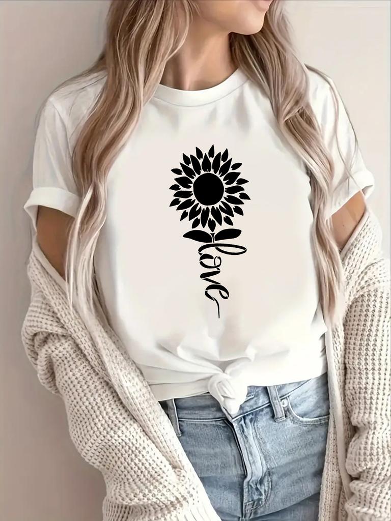 Women's Short Sleeve Crew Neck T-Shirt - Spring Summer Casual Blouse Suitable for Warm Weather, Opaque Round Neck Top with Minimalist Letter