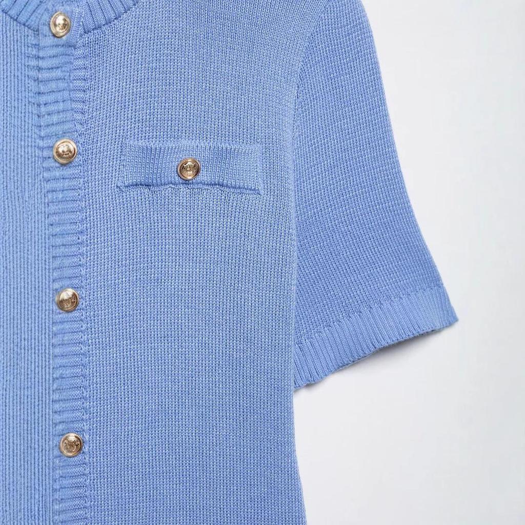 2025 Summer Women's Fashion: Round Neck, Short Sleeve, Front Button Knitted Dress