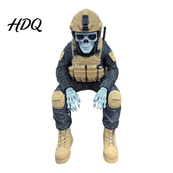 PLA Resin Soldier Model Skeleton Hero Shelf Sitter Ornament 3D Printed Figurine Gothic Desk Ornament Tactical Warrior Sitting Statue for Bookshelf