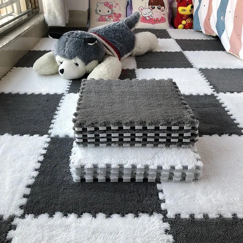 10Pcs Soft Plush Puzzle Carpet Play Mat 30*30*1CM Room Warm Playmat Interlocking Exercise Tiles Fluffy Area Decoration Mat Rug