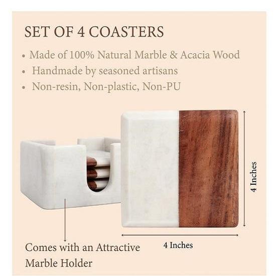 Marble Coasters Set of 4 with Holder, Wood, Dining Table Coasters for Hot Pots Tea Coffee Mugs Table Coasters Decorative Items for Home Decor