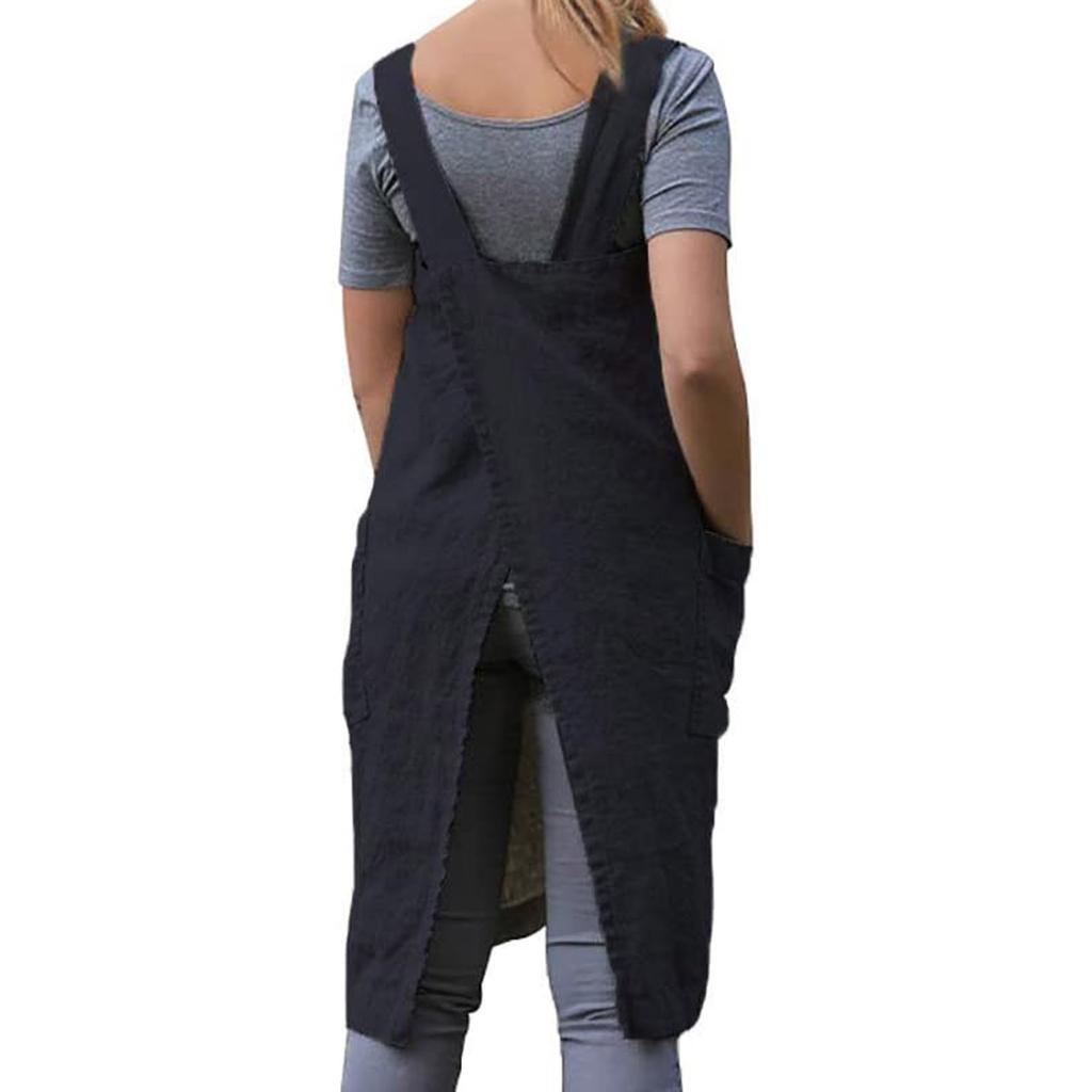 Apron For Baking Cooking And Gardening Cross Back Linen Women With 2 Pockets
