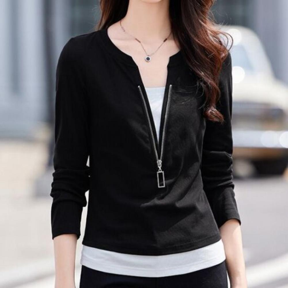 Navava Women Layered Zipper PoinT Long Sleeve T shirT nT3247