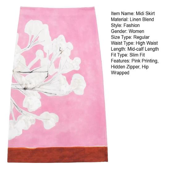 Damen Midirock Hohe Taille Hüftwickelrock Versteckter Reißverschluss Design Rosa Blumendruck Gerader Rock Slim Fit Langer Rock Streetwear