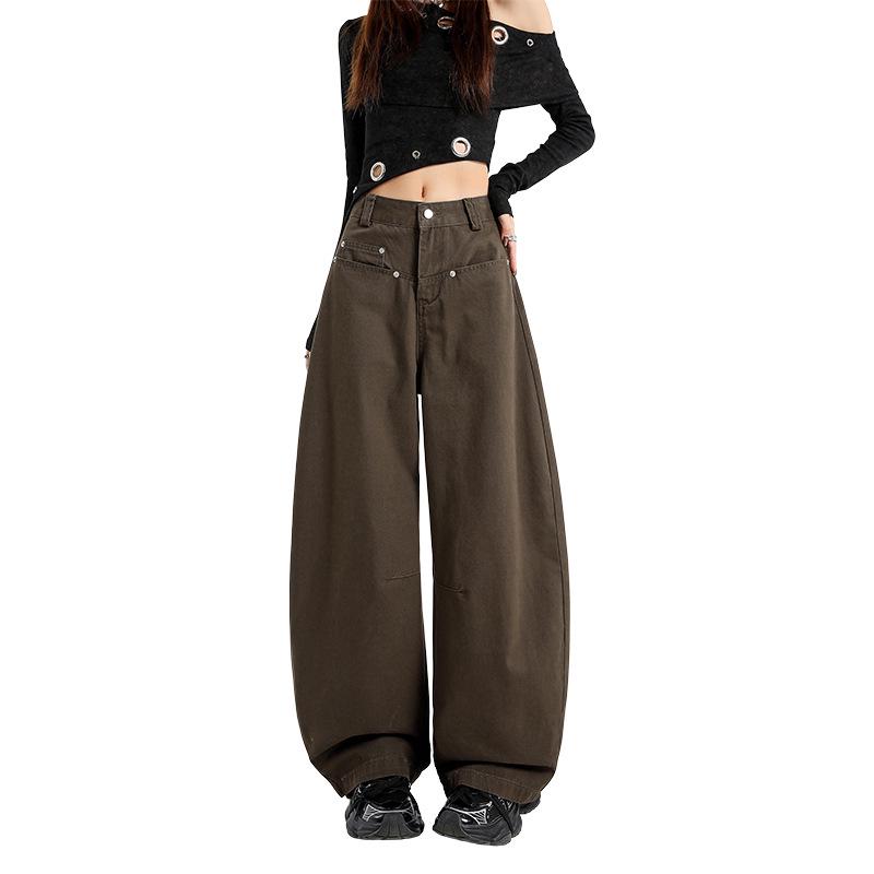 Women's Coffee Wide-Leg Jeans: Curved Cut, 2025 Fall/Winter, Loose, Slimming, Versatile, Floor-Length.