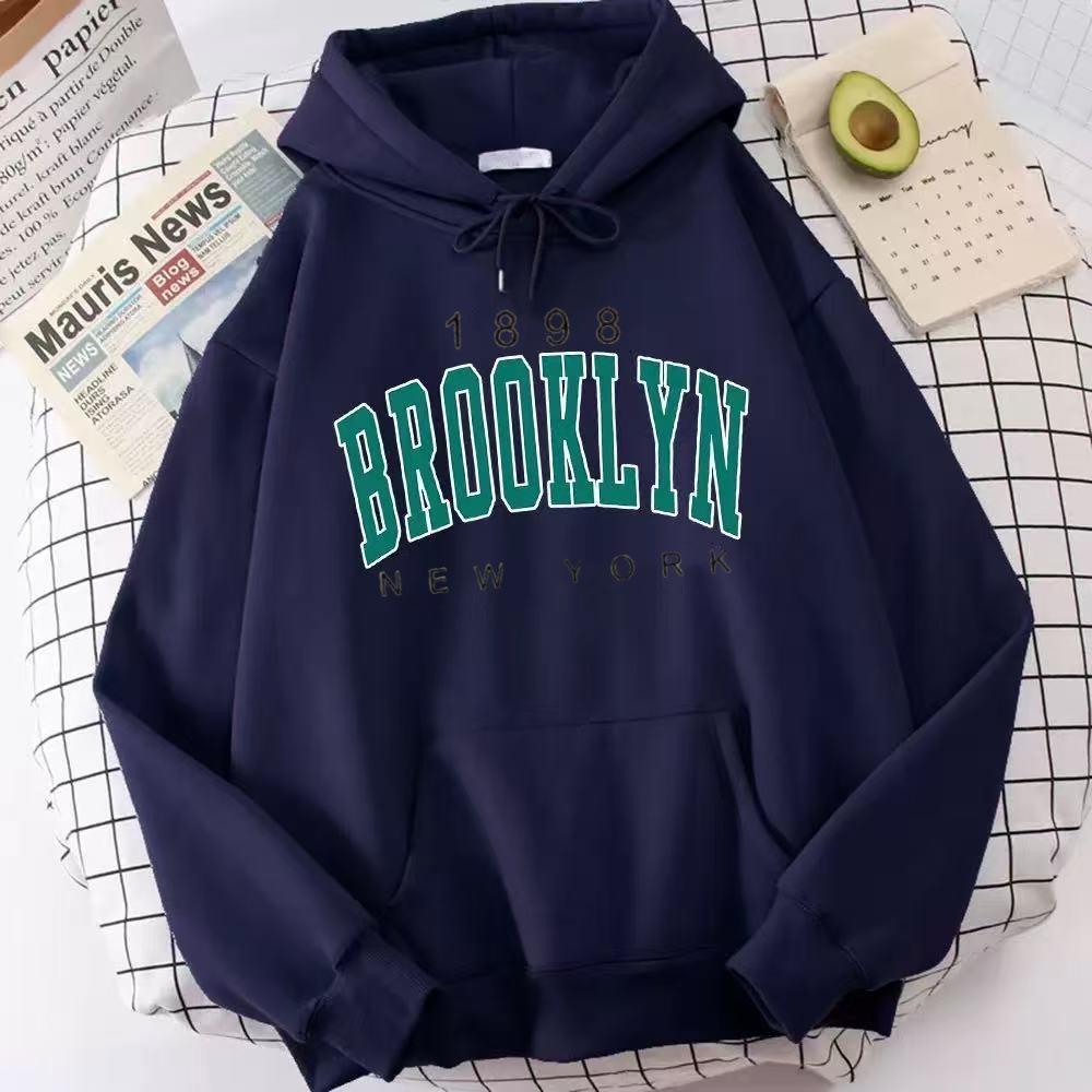 Women Brooklyn Letter Print Hoodie Fleece Lined Thick Oversized Loose Pullover Sweatshirt American Street Chic Lazy Style Autumn Winter Casual Top