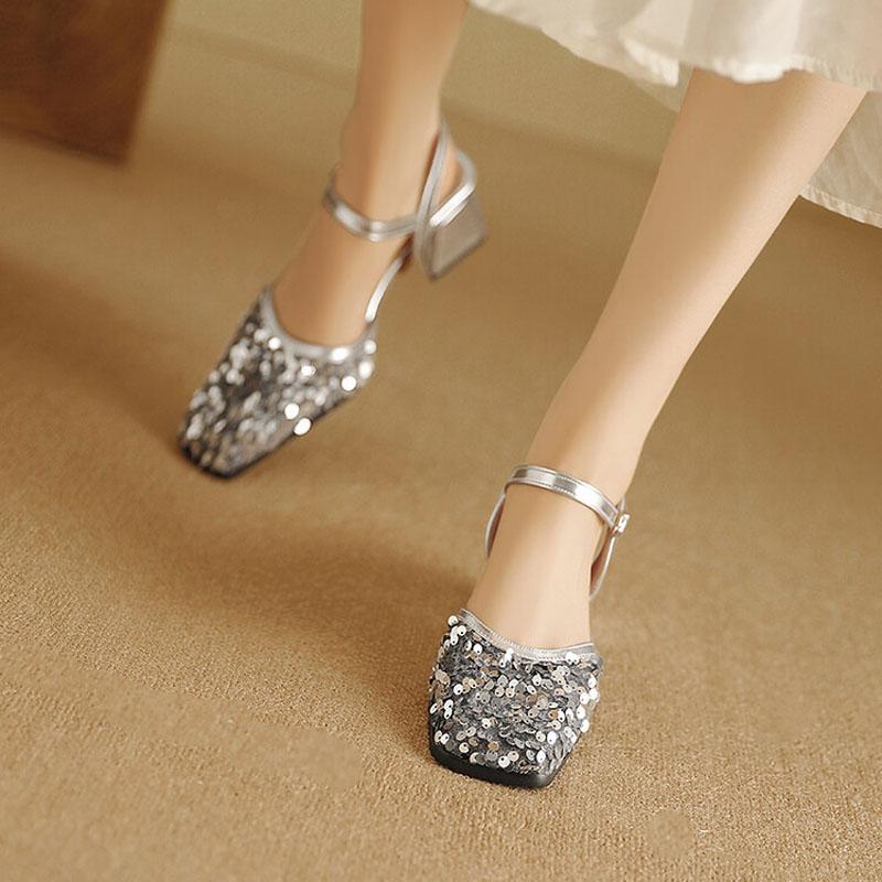 Square Toe Summer Party Shoes Women Sequin Closed Toe Thick Heels Women Sandals Glitter Dress Shoes for Woman Sandalias WSH5324
