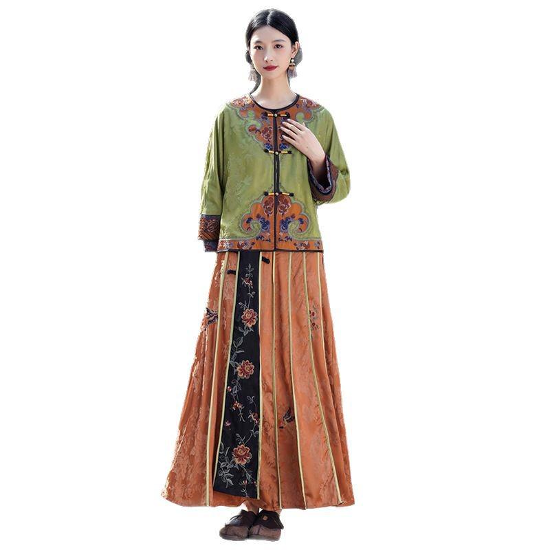 Premium Ethnic-Style Embroidered Satin Jacquard Coat with Frog Button