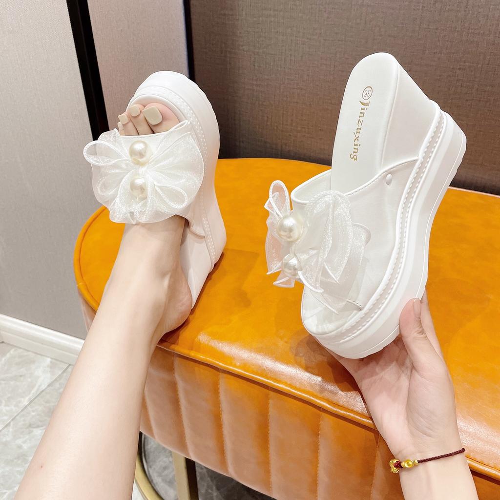 138-32 Slope Heel High Heel Sandals 10CM Waterproof Table Muffin Thick Bottom Bow Pearl White Fish Mouth Slippers Women