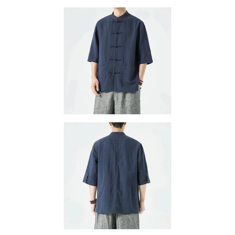 Chinese Style Mens Linen Summer Shirt Retro Stand Collar Half Sleeve Chinese Kong Fu Suit Men Hanfu