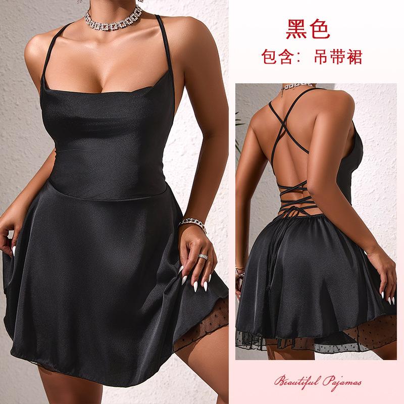 Temu hot-selling satin suspender skirt backless cross strap lace splicing loungewear 840 S
