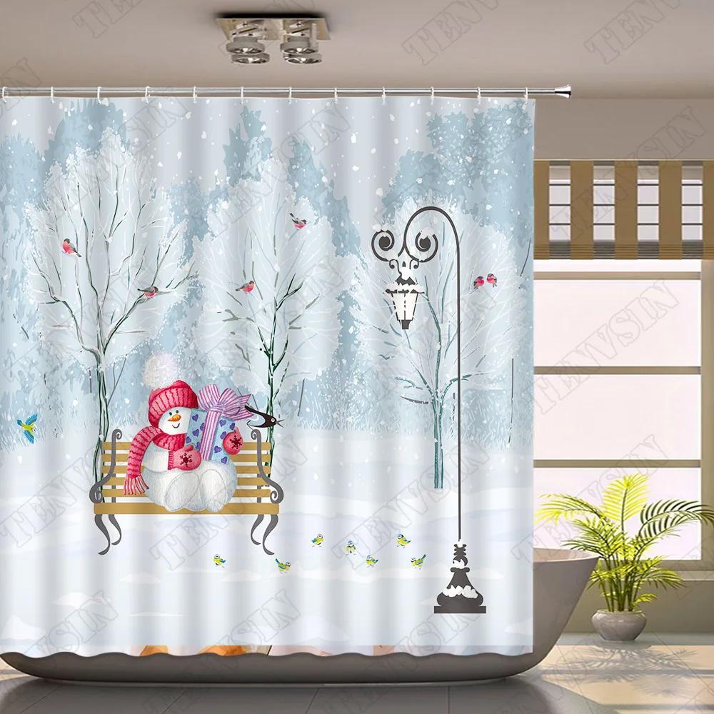 Winter Shower Curtain Snow Red Truck Pine Rural Snowman Scenery Fabric Cloth Christmas Decor Bathroom Curtain Bath Accessory Set