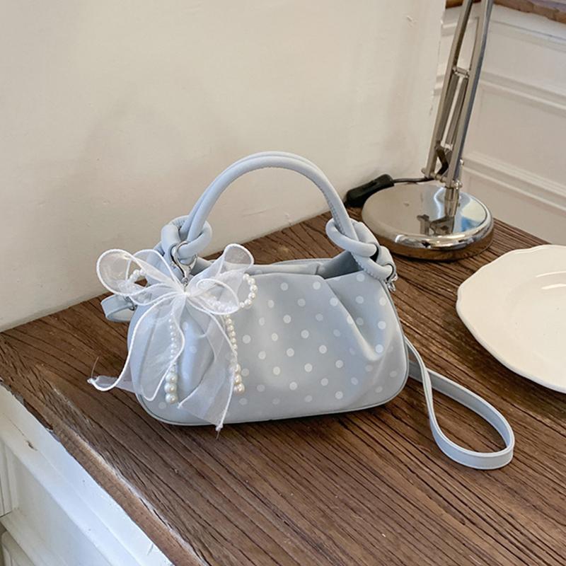 Korean Retro Polka Dot Handbag Pleated Stylish Pillow Bag Pearl Mesh Bow Charm Magnetic Closure Exquisite Compact Crossbody Bag