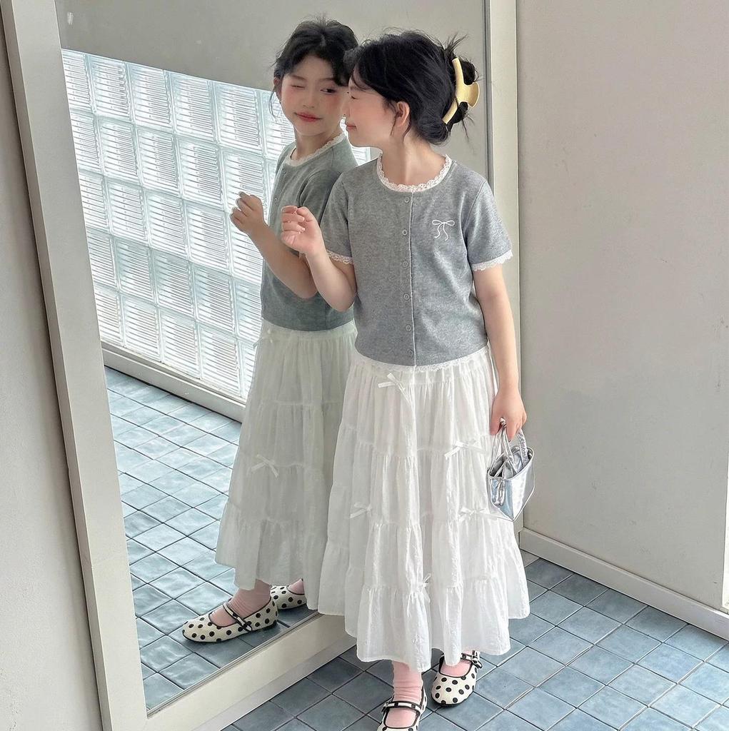 Girls' Korean Style Summer Two-Piece: Short Sleeve T-shirt & Bow Skirt