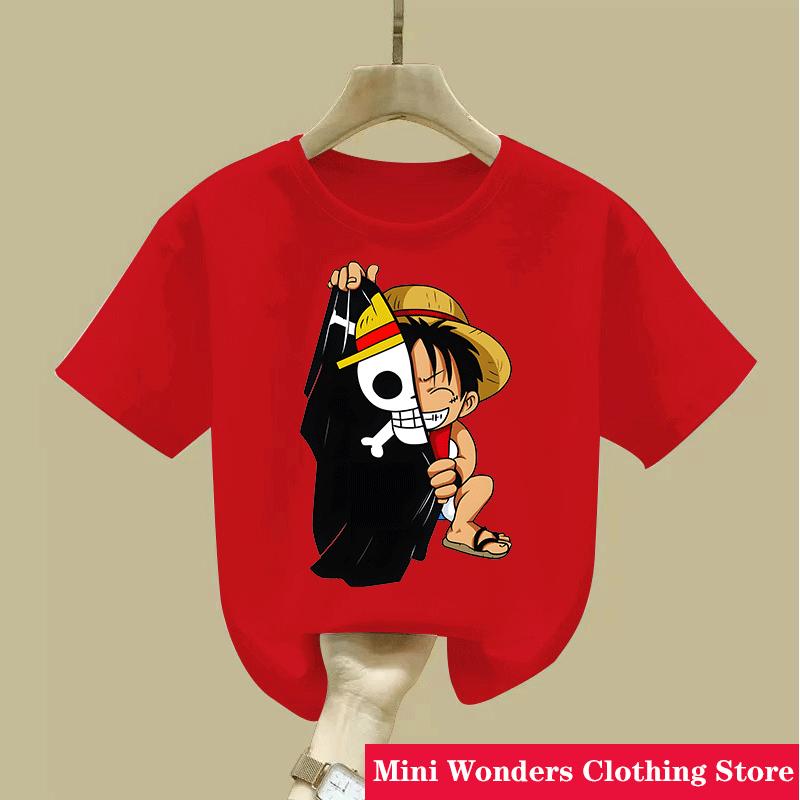 Koszulka z kreskówkowym anime One Pieces Luffy dla dzieci, chłopcy, pochłaniająca pot, oddychająca koszulka, letnie ubrania dla nastolatków