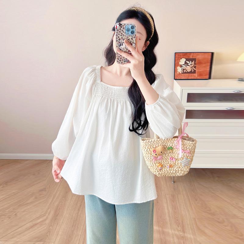 2026 Spring/Autumn Maternity French Square Neck Cotton-Linen Pleated Doll Shirt L