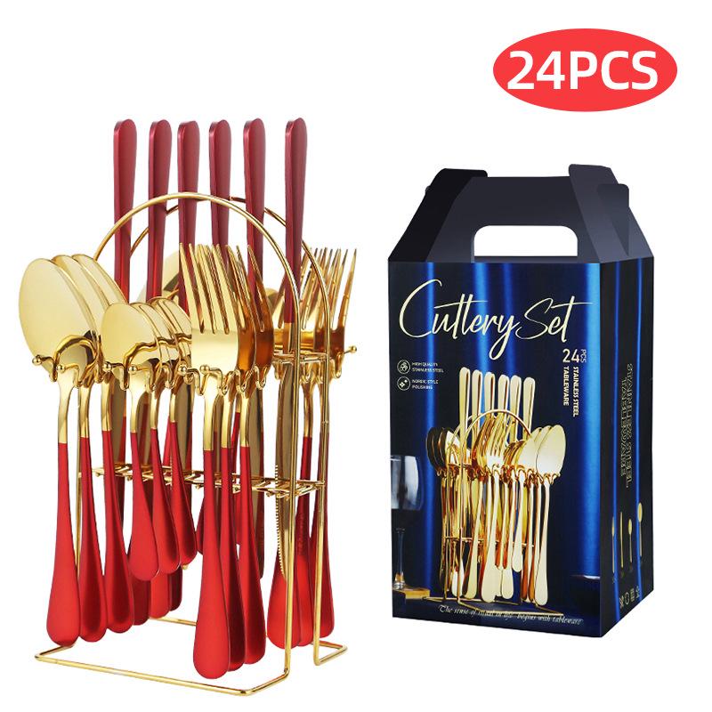 

Набор столовых приборов из нержавеющей стали из 24 предметов: В комплект входят десертные/стейковые ножи, вилки, ложки и вешалка.