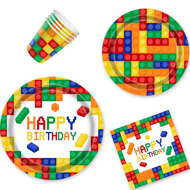 Colorful Lego-Themed Party Plates, Cups, and Napkins Set for Kids