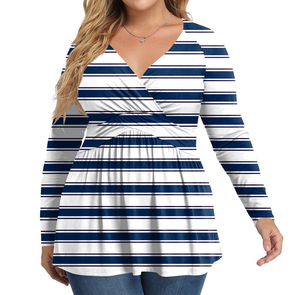 Women's Plus Size Shirt Long Sleeve  Print Top Pleated Casual V-Neck Top
