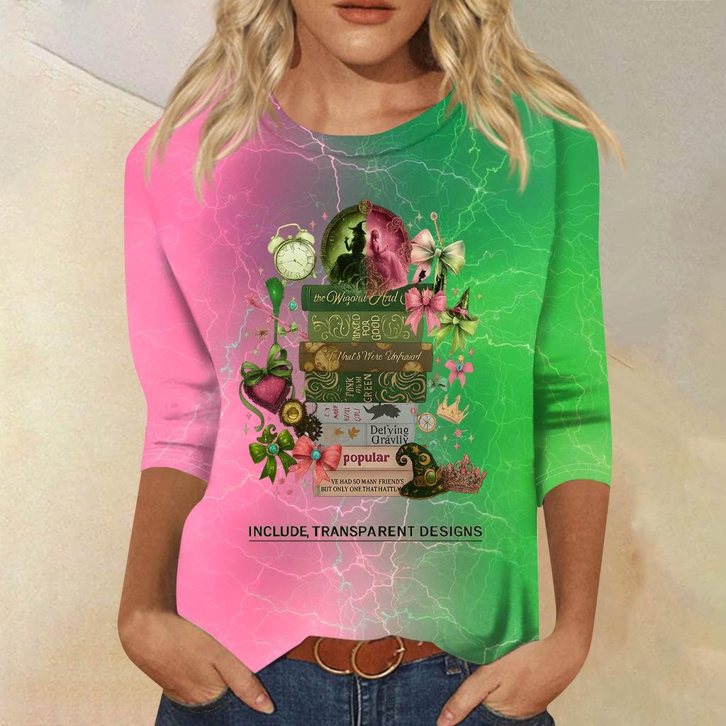 Women's Fashionable Casual Three-Quarter Sleeve Printed Round Neck Top