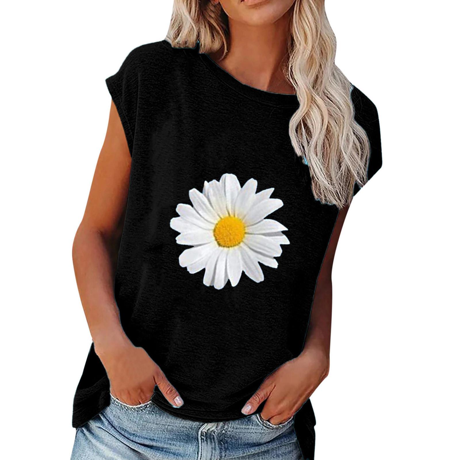 

Женская летняя повседневная модная свободная футболка с цветочным принтом и круглым вырезом с короткими рукавами XL чёрный