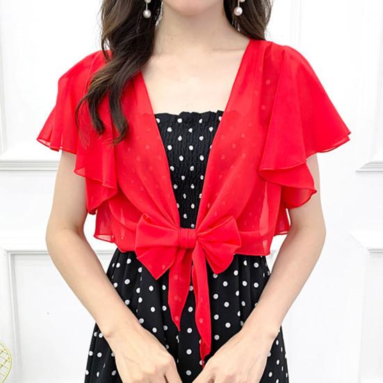 Ruffle Sleeve See-Through Front Lace-up Lady Cover-Up Chiffon Short Jacket Sunscreen