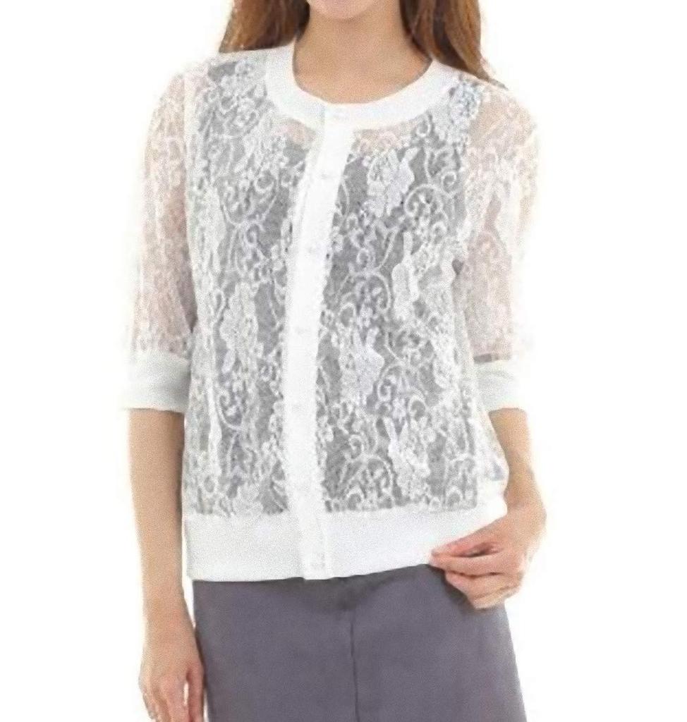 Sarah Rose Lace Sleeve Floral Print Knit Summer Cardigan with Button Front and Women's Cardigan, 5/8 See-Through U-Neck (XL, White)