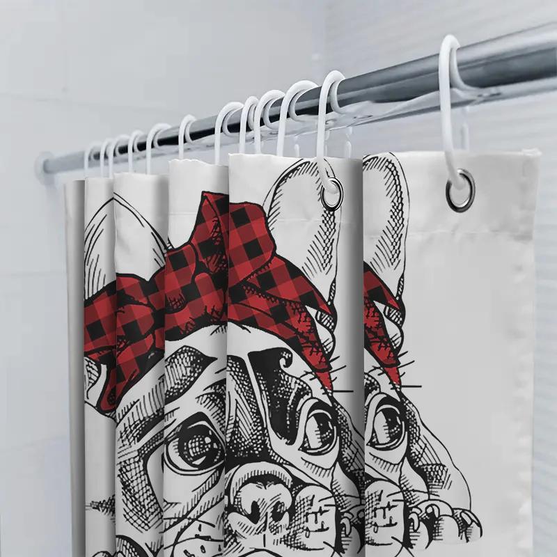 Adorable French Bulldog Mom Shower Curtain Red Plaid Headband Pet Art Decoration For Bathroom
