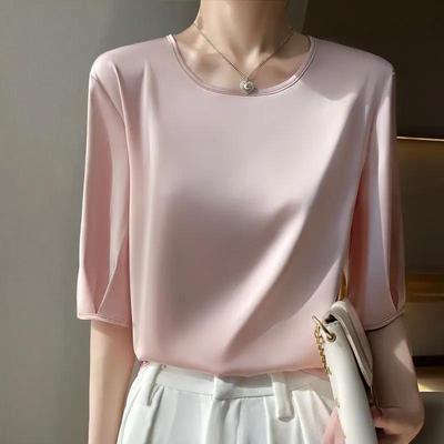 Summer Satin Women Blouse Silky Loose Woman Shirt Lady's Half Sleeve Tops Casual Solid T-shirt O-Neck Pullover Women's Clothing