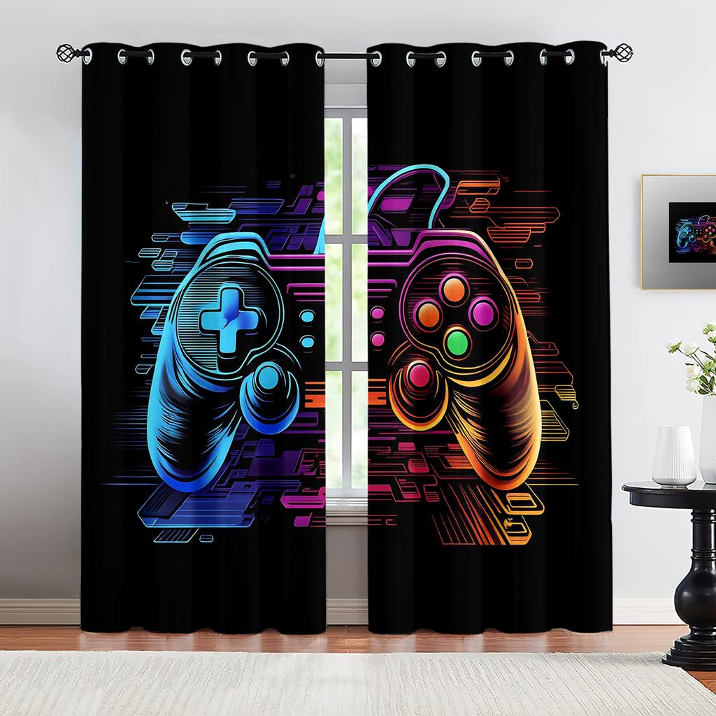 Black Background Gradient Neon Line Game Controller Blackout Curtain 2Pcs Set Cyber Circuit Arcade Gaming Window Drapes