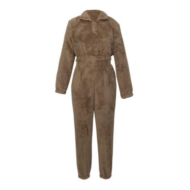 Set Trening Plușat Culoare Solidă pentru Femei 2 Bucăți Top cu Mânecă Lungă și Guler Ridicat și Pantaloni Groși cu Talie Elastică Îmbrăcăminte Sport
