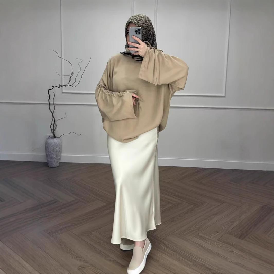 

Мусульманский комплект в европейском и американском стиле: цветной топ с длинными рукавами и юбка миди Large