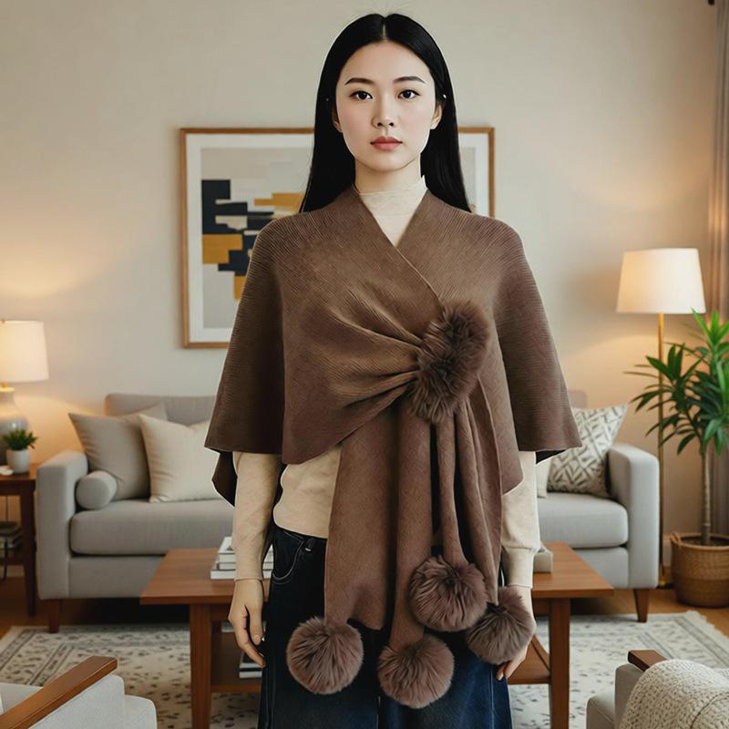 European and American Fur Collar Knitted Pom-Pom Cardigan Shawl