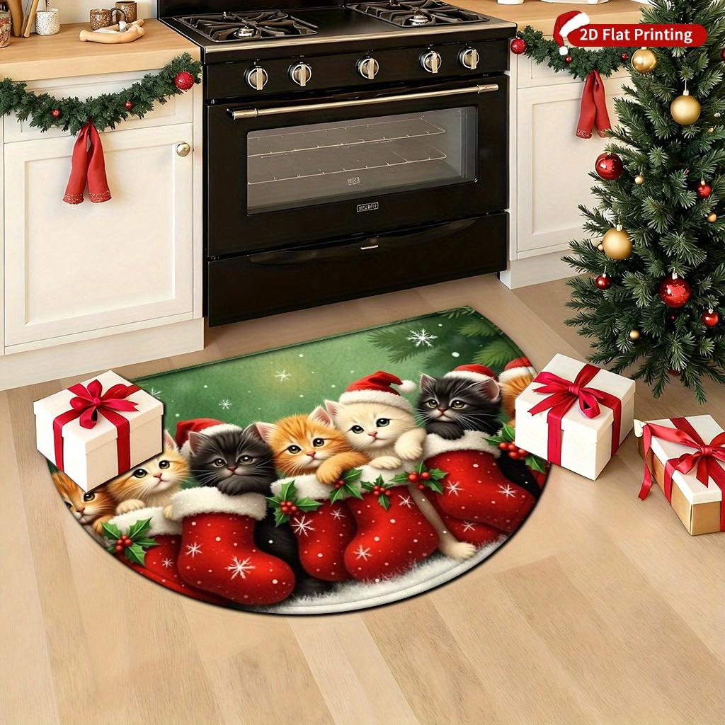 1Pcs Cute Christmas Cat Semi Circle Welcome Doormat Non-Slip for Outdoor Patio Porch Kitchen Bathroom Entryway Floor Mat