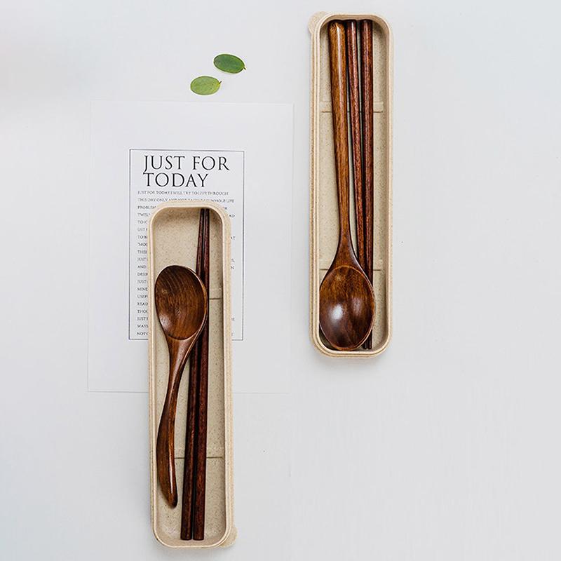 Natural Wooden Spoon With Box Handmade Wooden Fork Chopsticks Dinner Kit Kitchen Accessories