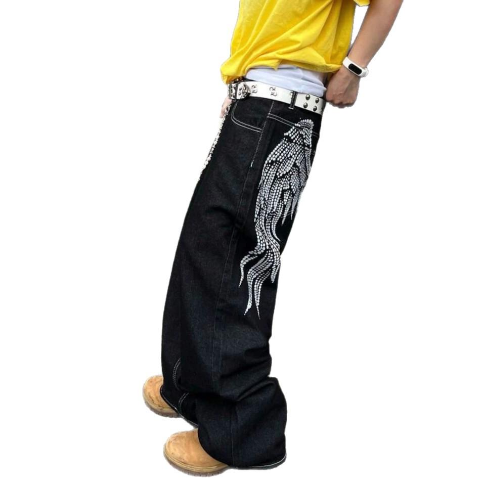 European and American angel wing printed jeans retro trendy brand washed floor-mopping trousers loose and versatile straight-leg trousers