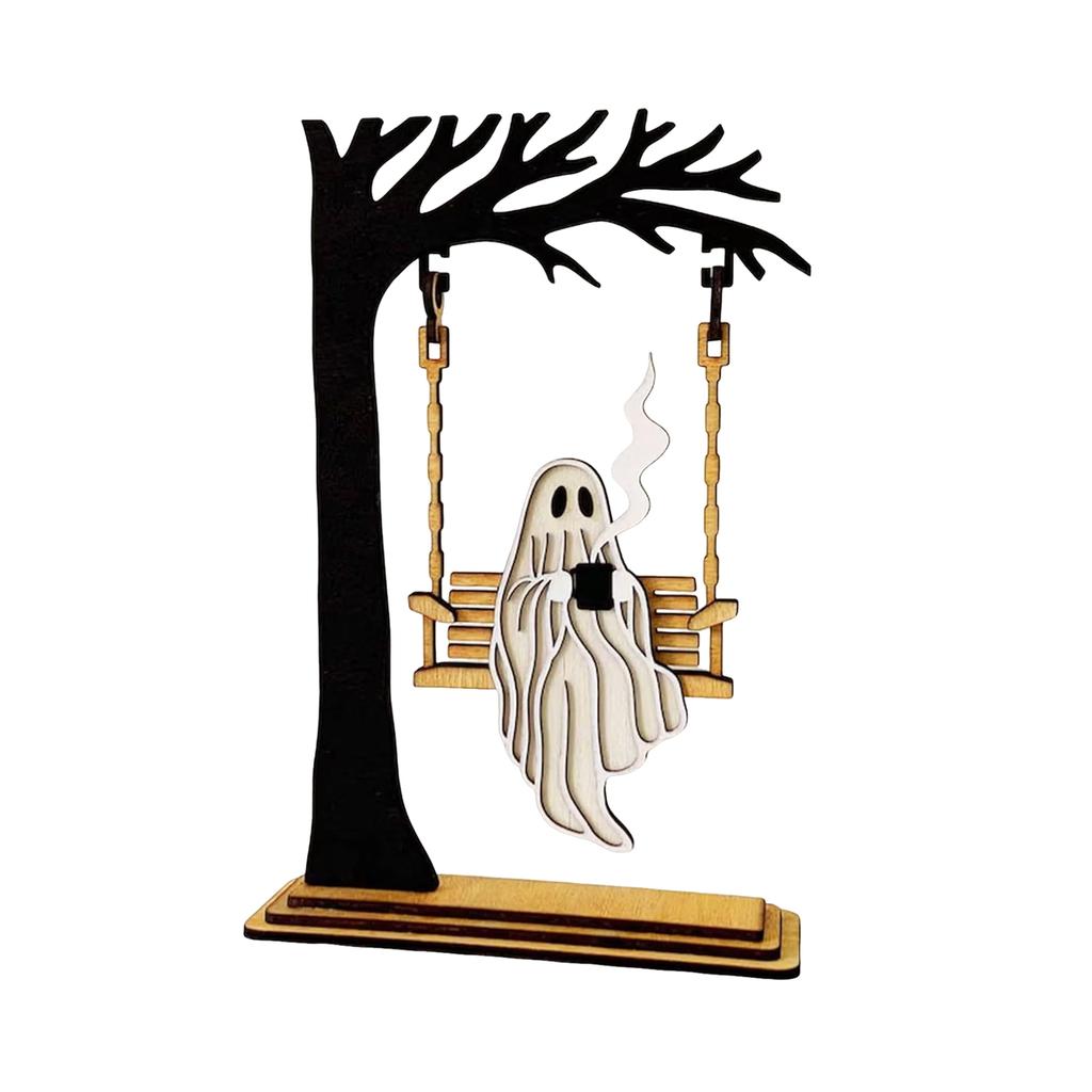 Halloween Table Centerpiece with Swing - Cute Wooden Decorative Sign for Home Decor
