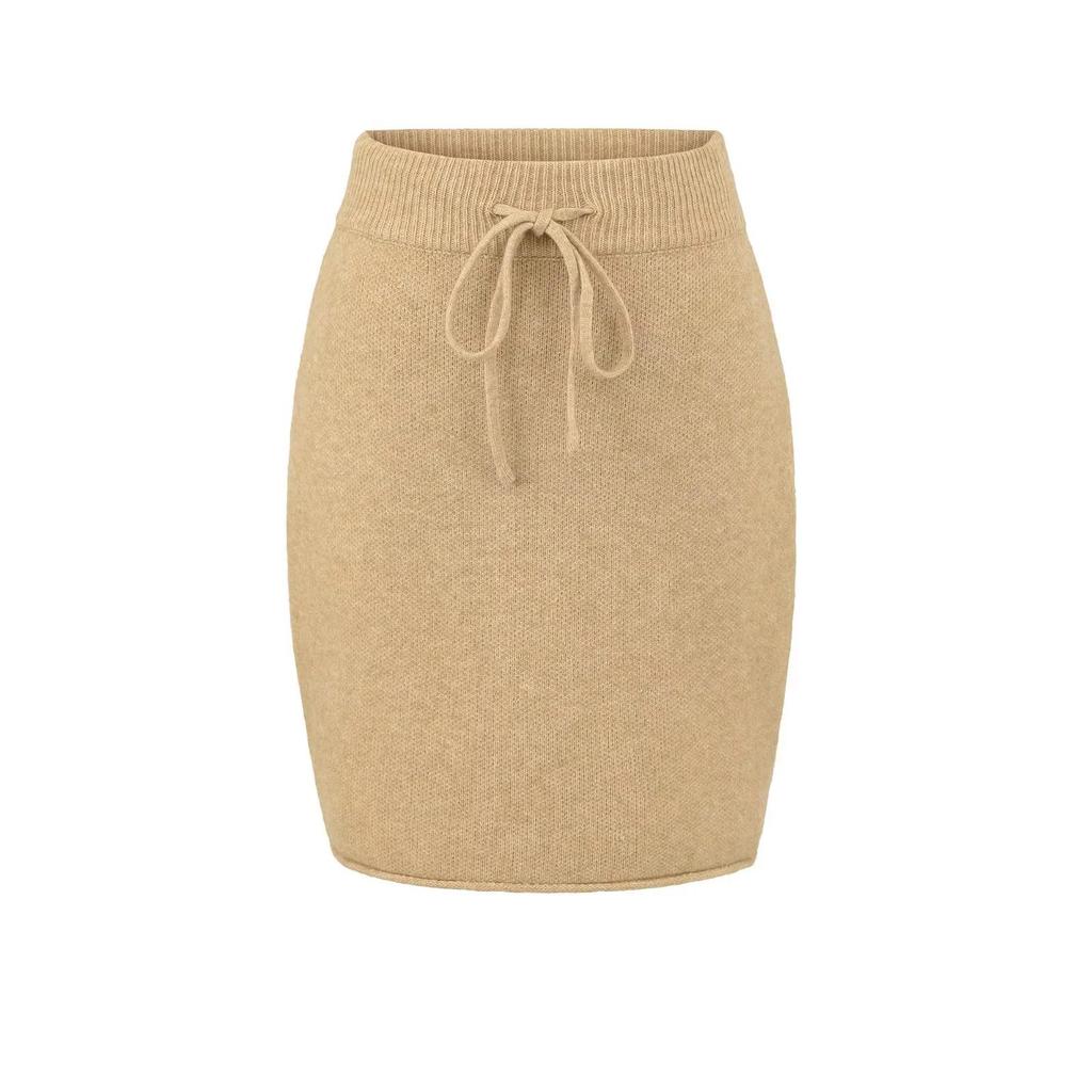 2025 Autumn/Winter High-Waisted Knit Ribbed Bodycon A-Line Skirt with Tie-Up Detail