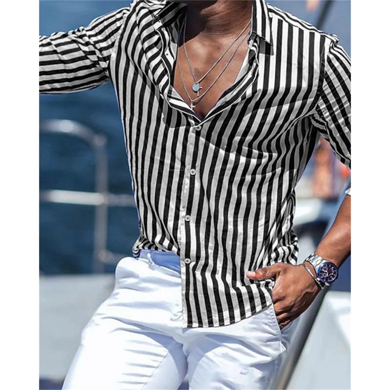 Men's Long sleeved Blue Stripe Printed Shirt Social Luxury Men's Wear Hawaii Elegant Classic Fashion Solid Color