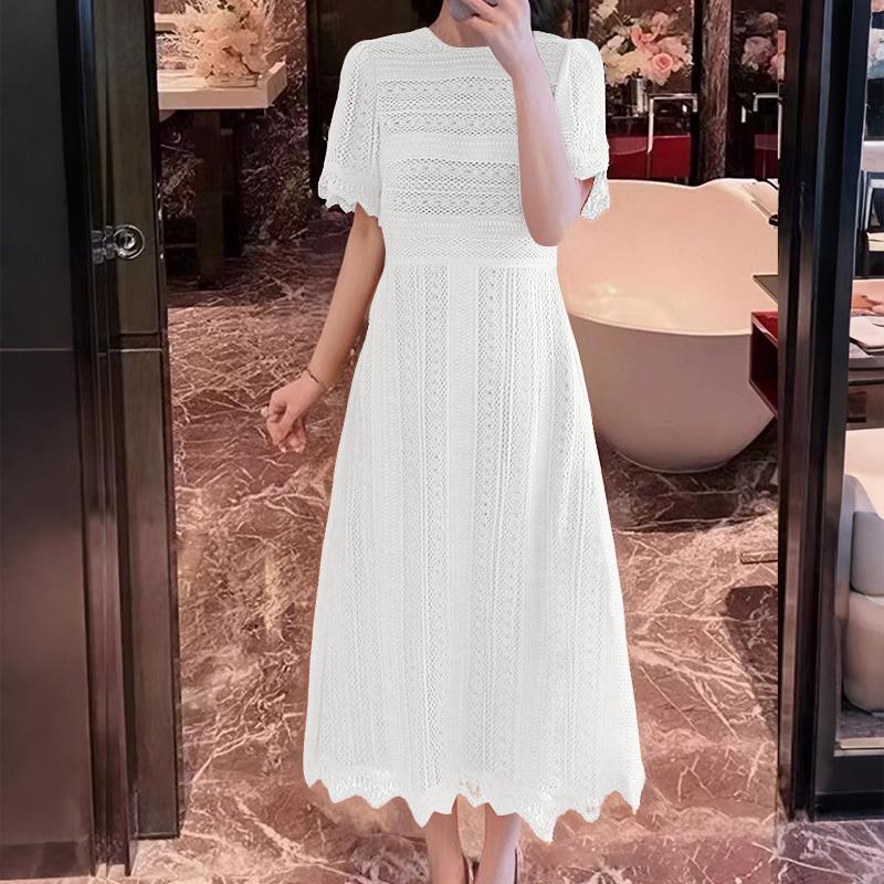 ZANZEA Elegant Ladies Round Neck Short Sleeve Collect Waist Patchwork Lace Dress