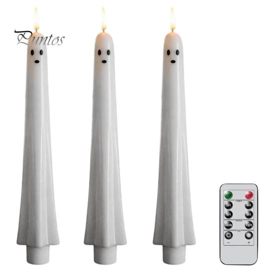 Spooky Home Decoration for Halloween Ghost Flameless Taper Candles, Battery Operated Flickering Candle Light with Indoor Table Centerpieces