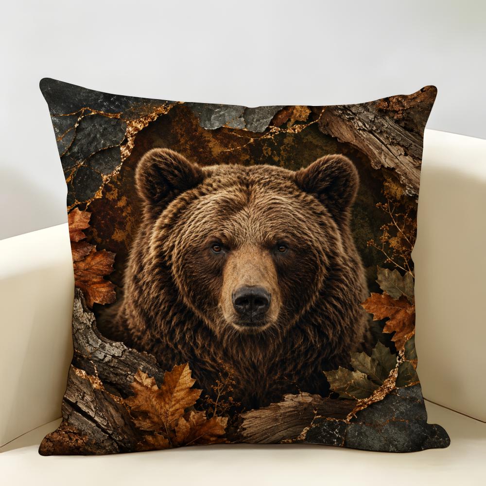 Black Bear Cushion Cover Durable Hypoallergenic Organic Linen Pillow Cover Short Size Washable Skin-Friendly
