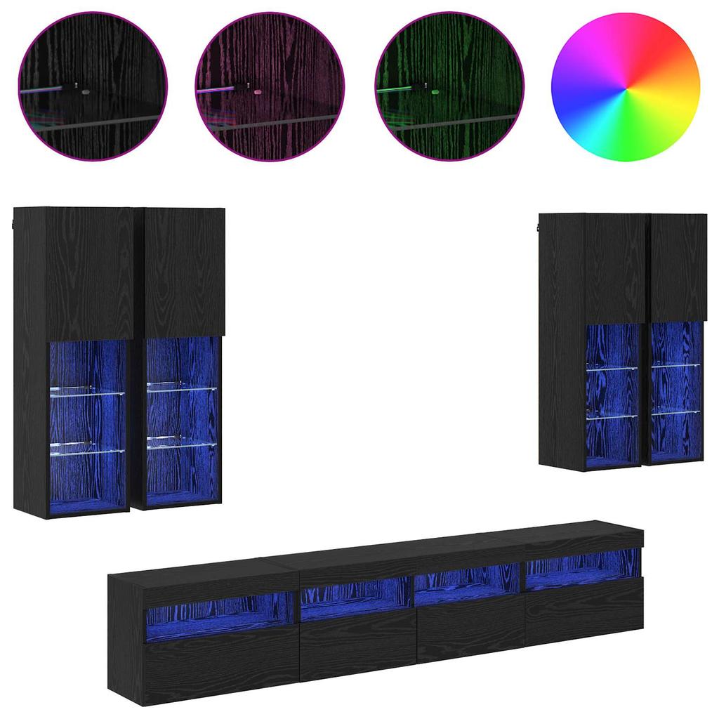 TV Wall Cabinet Set with LED Lights 7 Pcs Black Oak Effect