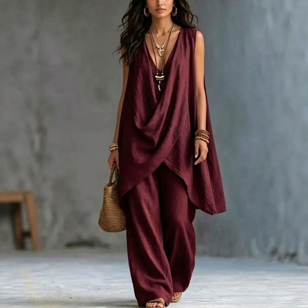2026 spring and summer cross-border new Amazon women's sleeveless stand-up collar solid color temperament loose cotton and linen fashion style suit