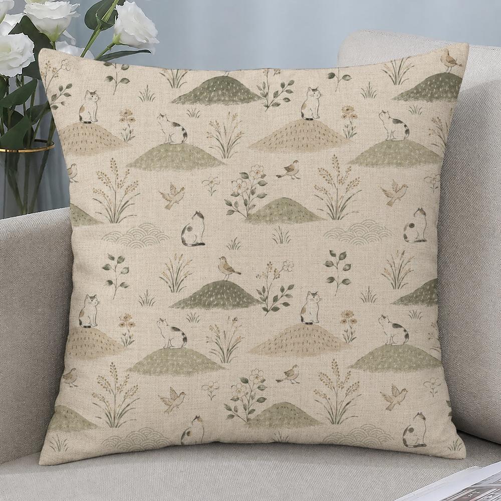 Style Japanese Natural Handdrawn Cushion Cover Cushion Covers Natural Linen Breathable Sofa Bedroom Decor Pillowcase