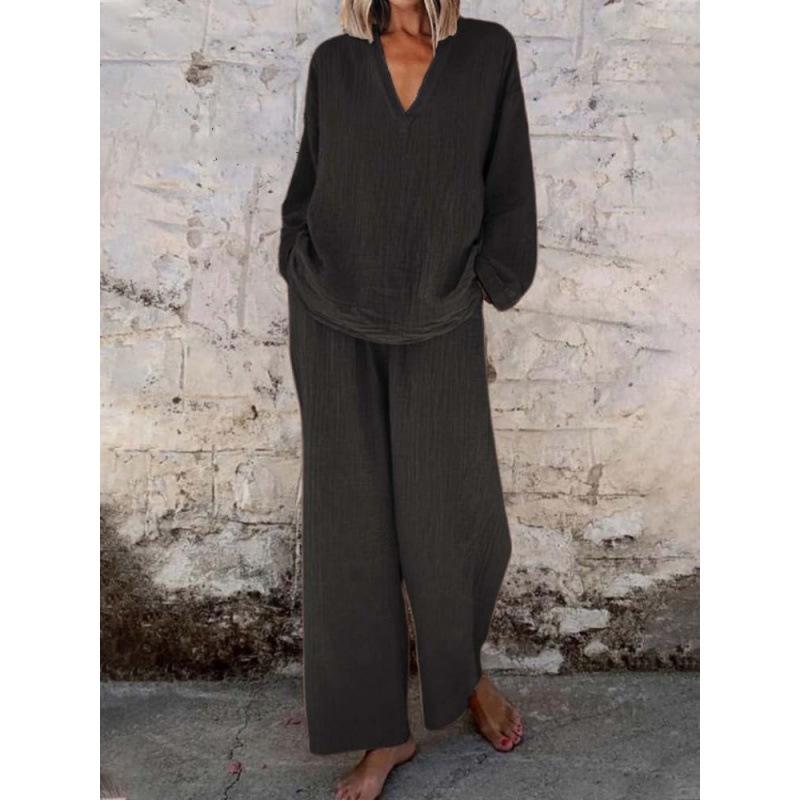 

Женский комплект из топа с V-образным вырезом свободного кроя и брюк широкого кроя светло-голубого цвета, повседневный наряд из хлопка и льна 5XL чёрный