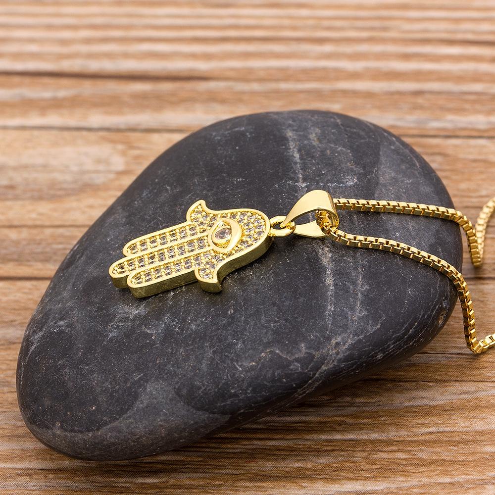 Women Men Hot Sale Hamsa Hand Necklace Gold Color AAA Zircon Evil Eye Pendant & Chain Hip Hop Turkish Lucky Jewelry Gifts