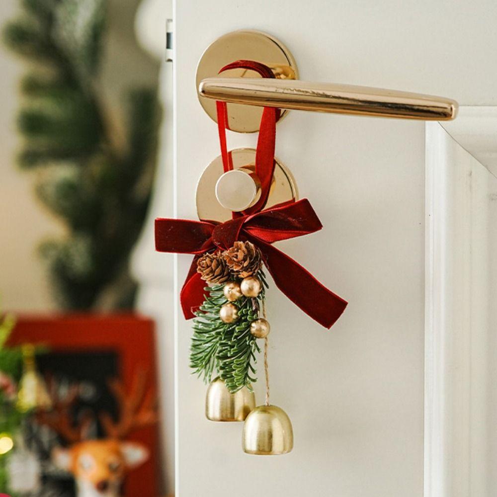 Wreath Christmas Chime Bell Red Pine Cone Bell Pendant Christmas Velvet Bow Bell  Xmas Decor