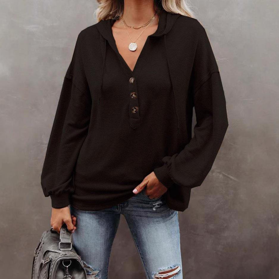 Woman Sweater Autumn/winter Buttons Hooded Leisure Loose Solid Color Lantern Sleeve Woman's Coat