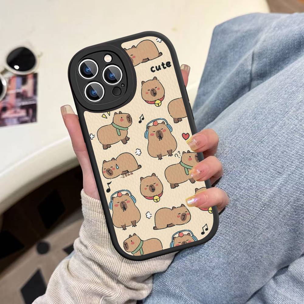 Cartoon Capybara Leather Phone Case For IPhone 16 16e 15 14 13 12 11 Pro Max Plus Mini Cover